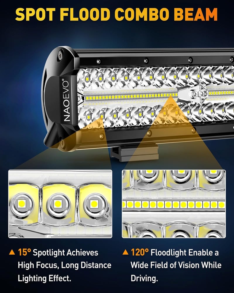 ناوايفو شريط إضاءة LED بطول 12 بوصة و4 قطع من أضواء LED البودية بطول 4 بوصات من ، بقوة إضاءة 54000 لومن، أضواء LED للضباب/القيادة/الطرق الوعرة، شريط إضاءة LED ثلاثي الصفوف مزيج من البقعة والفيضان للشاحنات والسيارات ومركبات UTV وATV والقوارب، ضمان لمدة عام واحد. - Image 4