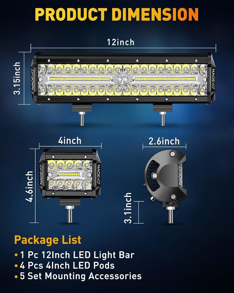 ناوايفو شريط إضاءة LED بطول 12 بوصة و4 قطع من أضواء LED البودية بطول 4 بوصات من ، بقوة إضاءة 54000 لومن، أضواء LED للضباب/القيادة/الطرق الوعرة، شريط إضاءة LED ثلاثي الصفوف مزيج من البقعة والفيضان للشاحنات والسيارات ومركبات UTV وATV والقوارب، ضمان لمدة عام واحد. - Image 5