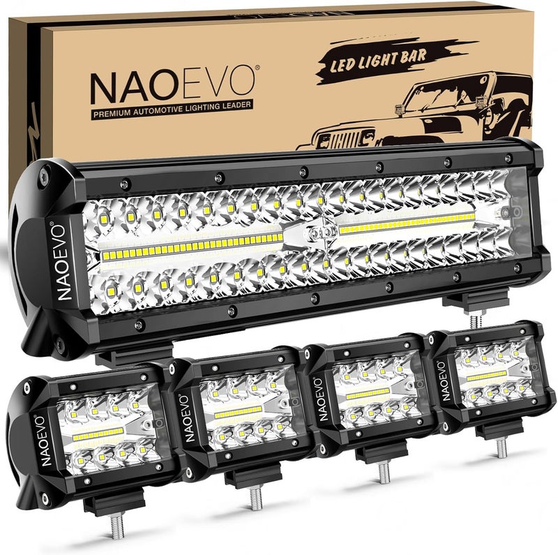 ناوايفو شريط إضاءة LED بطول 12 بوصة و4 قطع من أضواء LED البودية بطول 4 بوصات من ، بقوة إضاءة 54000 لومن، أضواء LED للضباب/القيادة/الطرق الوعرة، شريط إضاءة LED ثلاثي الصفوف مزيج من البقعة والفيضان للشاحنات والسيارات ومركبات UTV وATV والقوارب، ضمان لمدة عام واحد. - Image 1
