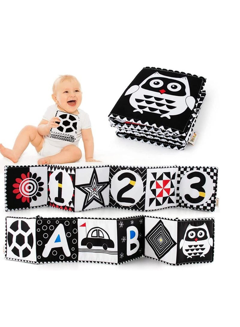 MIXDE Black and White High Contrast Soft Cloth Book, for Baby Infant Tummy Time Baby Book Folding Educational Activity Cloth Book Crib Toys for 0 3 6 Months Boys Girls Newborn (owl) - Image 1