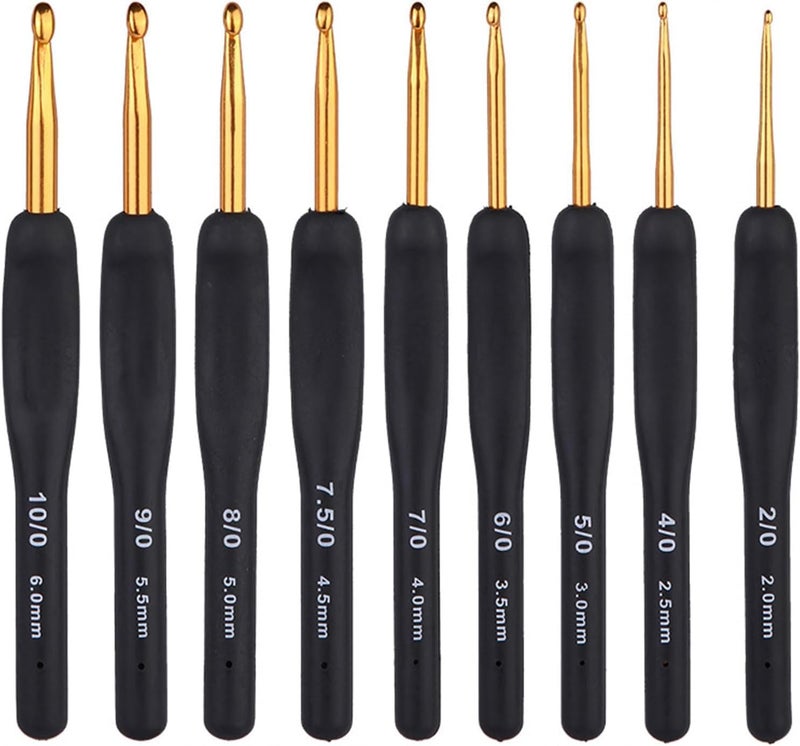 Dodhar طقم إبر كروشيه مكون من 9 قطع – إبر كروشيه من الألمنيوم مع مقابض مطاطية ناعمة وعلامات غرز – مجموعة مريحة لليدين المصابة بالتهاب المفاصل – أدوات حياكة مريحة لجميع مستويات المهارة (K) - Image 1