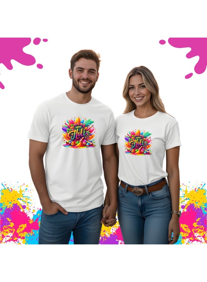 PRINTSHOP4ME Holi Celebration - Matching Couple Holi T-Shirts - Holi Couple T-Shirts - Holi Matching Men's Women's Couples Round Neck Holi T-Shirts - Image 2