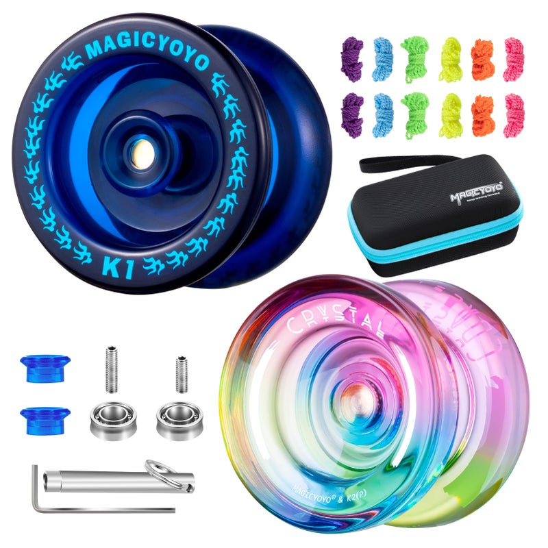 MAGICYOYO Responsive Yoyos for Beginner, Plastic Dual Purpose Pro Yo yo 2 Pack Gradient Yo-Yo K2 + Kids Yoyo K1 with 12 Yo-yo Strings, Yoyo Case + Accessories Kit (K2 Gradient + K1 Dark Blue) - Image 1