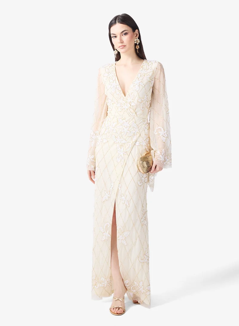 Embellished Front Slit Long Sleeve Maxi Dress