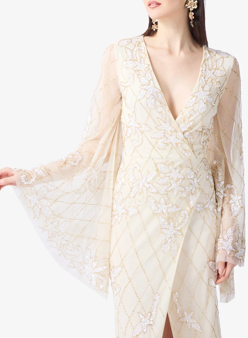 Frock and Frill Embellished Front Slit Long Sleeve Maxi Dress