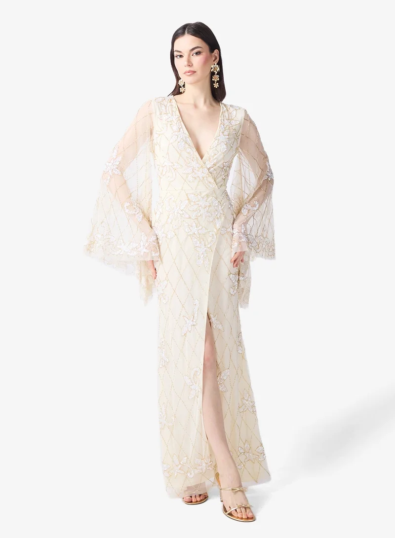 Frock and Frill Embellished Front Slit Long Sleeve Maxi Dress