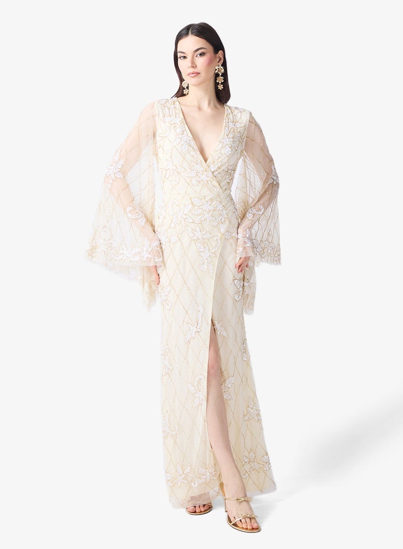 فروك اند فرل فستان ماكسي طويل بأكمام طويلة وفتحة أمامية مزينة - Image 4