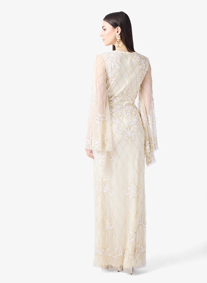 Frock and Frill Embellished Front Slit Long Sleeve Maxi Dress