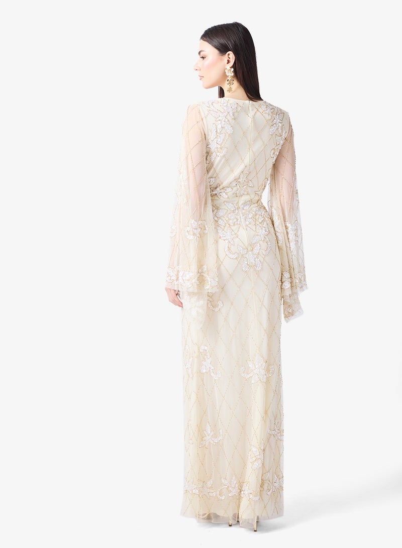 فروك اند فرل فستان ماكسي طويل بأكمام طويلة وفتحة أمامية مزينة - Image 2