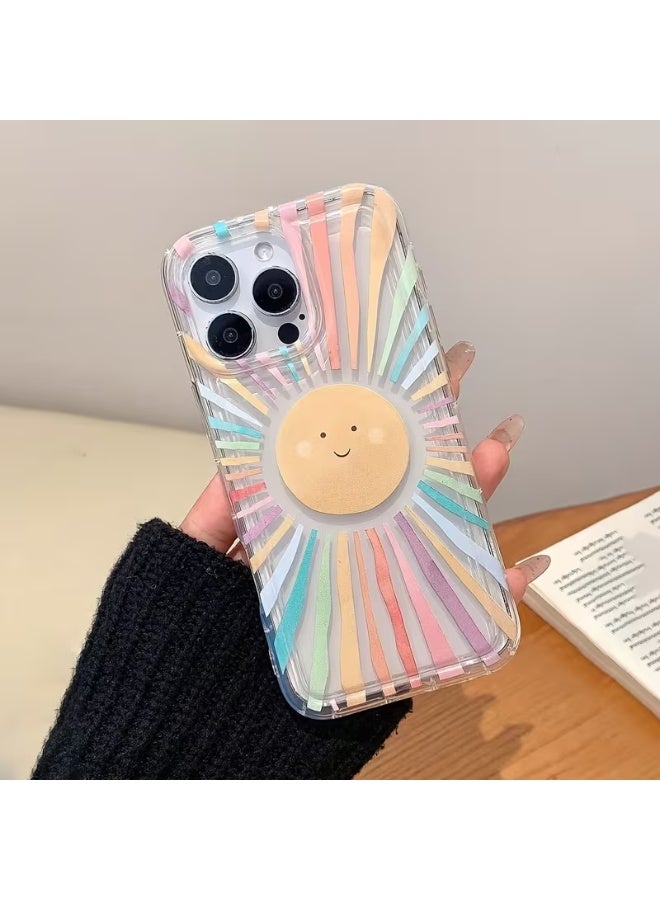 Temu Rainbow Sun phone case with a smiley face, comfortable grip, effectively protects your phone from drops and impacts. Compatible with iPhone 15 Pro. - Image 1