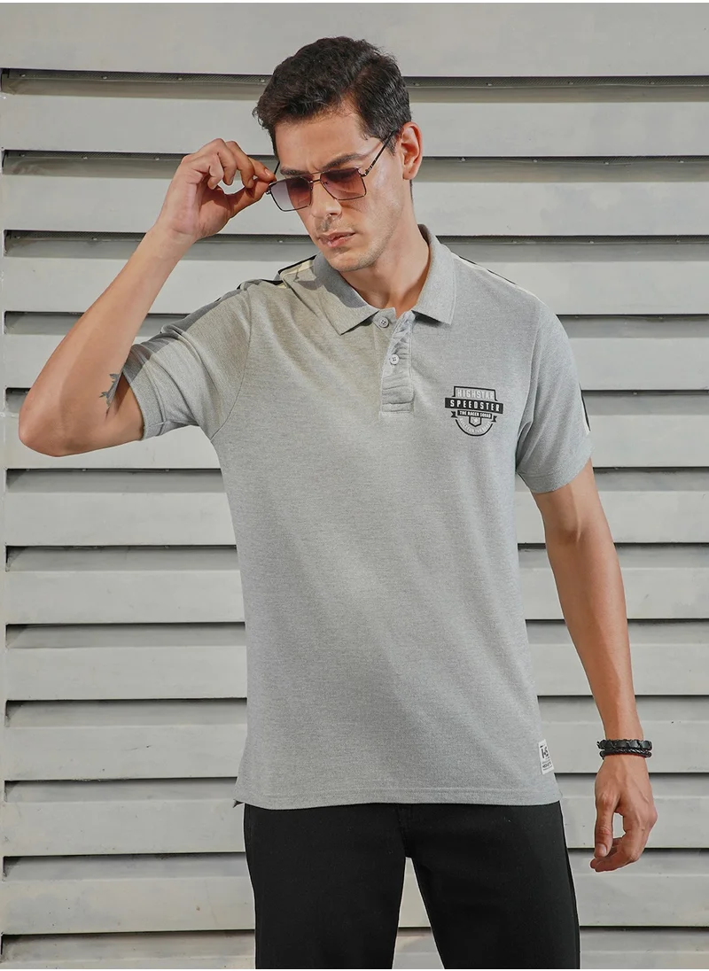 هاي ستار Polo Collar Tapping Detail Applique Casual T-shirt for Men