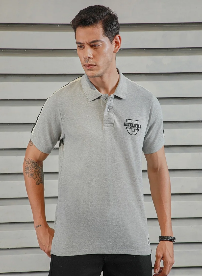 HIGH STAR Polo Collar Tapping Detail Applique Casual T-shirt for Men