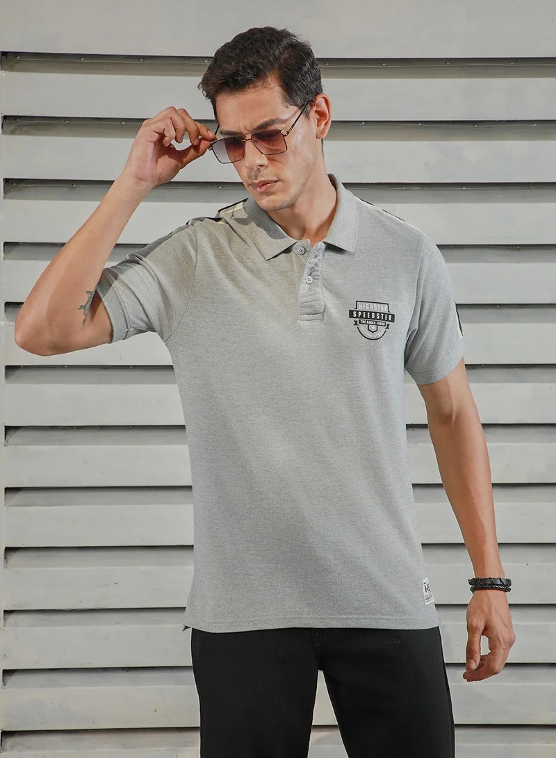 HIGH STAR Polo Collar Tapping Detail Applique Casual T-shirt for Men