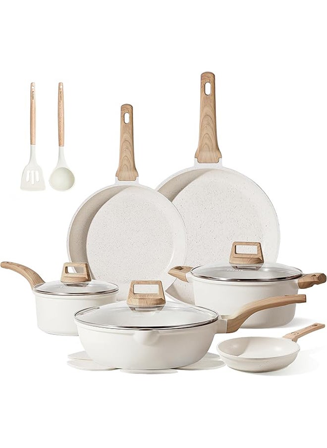 CAROTE - 16 Piece Aluminum Non-stick Cookware with wooden handles, 1X18cm Saucepan with Lid, 1X26cm Casserole With Lid, 1X16cm Frypan, 1X20cm Frypan, 1X28cm Frypan, 1X28cm Deep Frypan with Lid, 1x Turner, 1x Laddle, 5x Pan Protectors, Ice Cream - Image 1