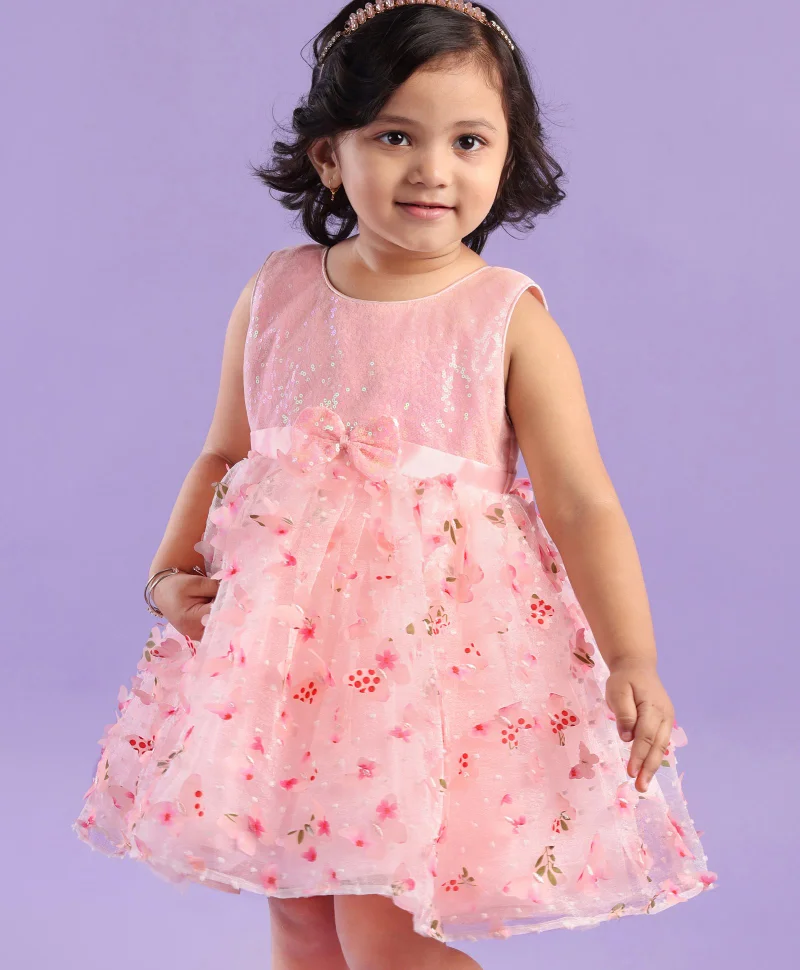 babyhug Babyhug Woven Sleeveless 3D Butterfly Fabric Party Frock With Bow  Sequin Embellished - Pink