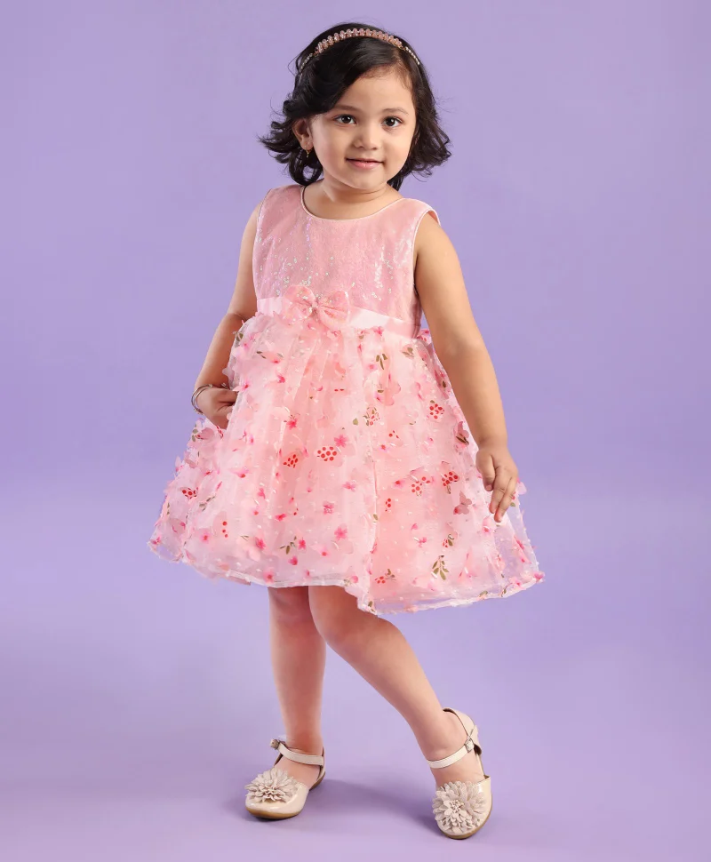 babyhug Babyhug Woven Sleeveless 3D Butterfly Fabric Party Frock With Bow  Sequin Embellished - Pink