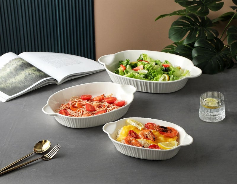 Dove 3-Piece Oval Porcelain Baking Dish Set White, Sizes 10.5 + 12.5 + 14.5 Inch