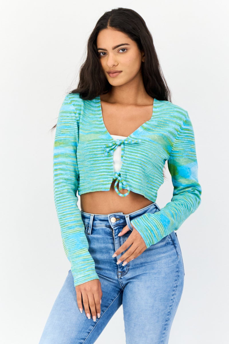 NA-KD Women V-Neck Long Sleeves Yarn Dye Top, Multicolor - Image 1