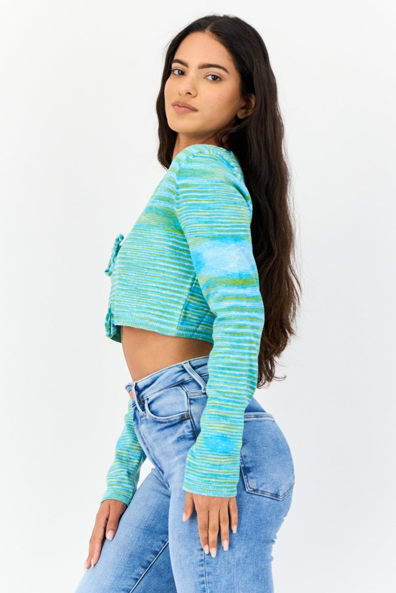 NA-KD Women V-Neck Long Sleeves Yarn Dye Top, Multicolor - Image 3