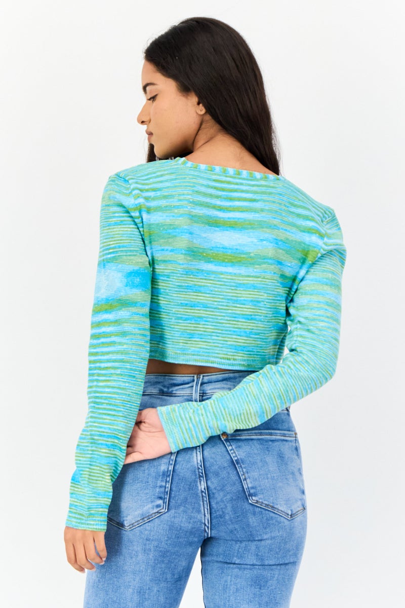 NA-KD Women V-Neck Long Sleeves Yarn Dye Top, Multicolor - Image 4