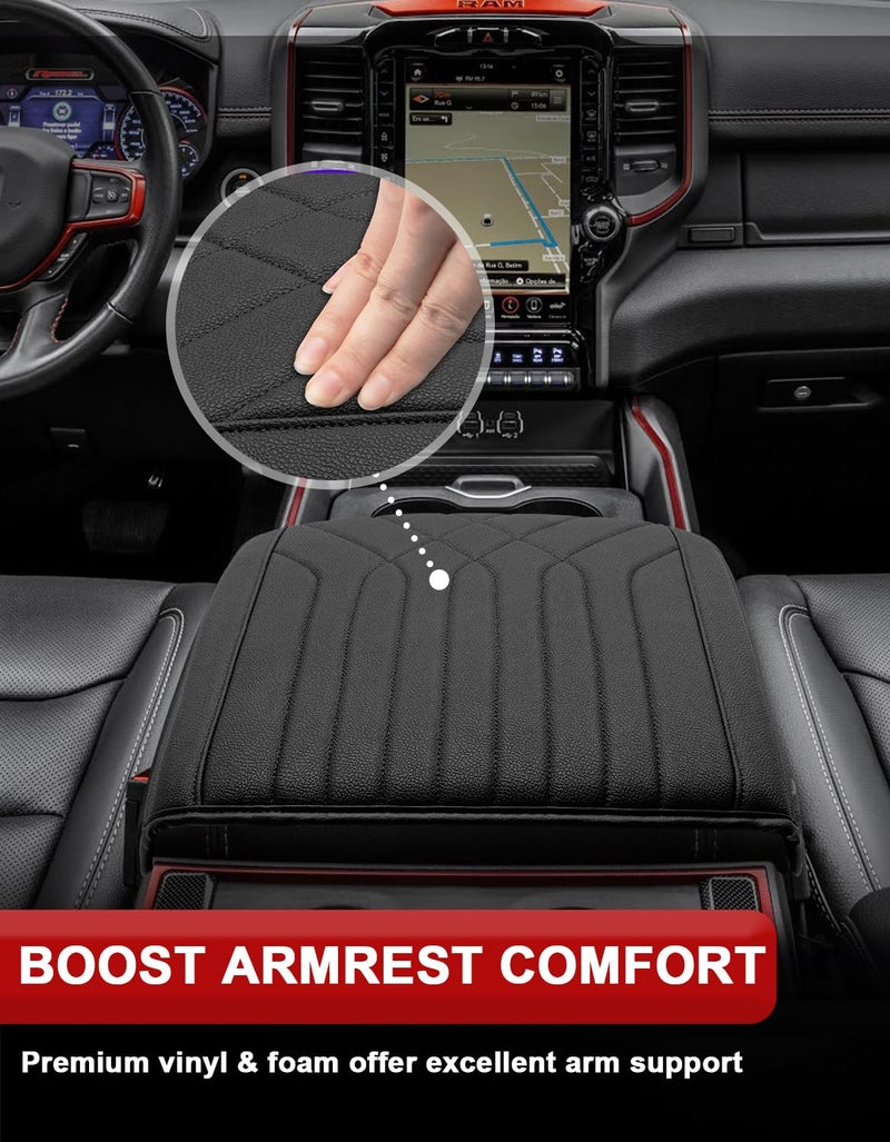 KBH Center Console Armrest Cover for 2019-2026 Dodge Ram 1500 2500 3500 5th Gen, Arm Rest Cushion Pad Protector, Vinyl Leather, Black (Fits Bucket Seat Only) - Image 4