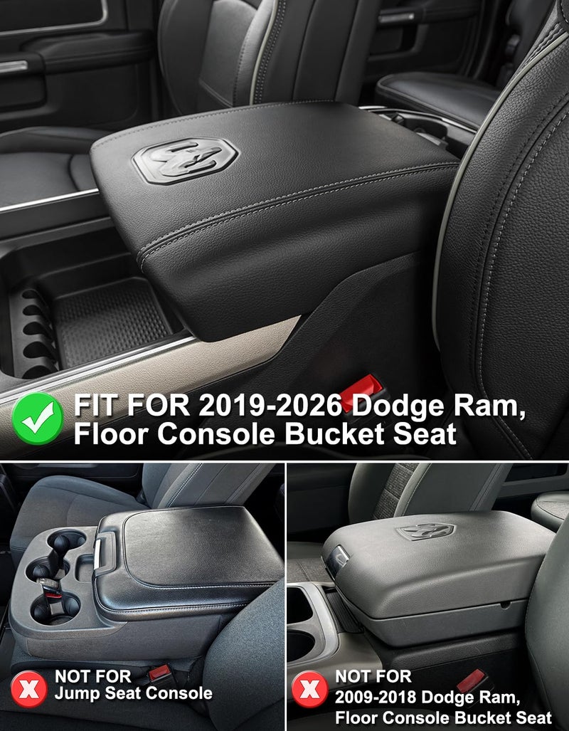 KBH Center Console Armrest Cover for 2019-2026 Dodge Ram 1500 2500 3500 5th Gen, Arm Rest Cushion Pad Protector, Vinyl Leather, Black (Fits Bucket Seat Only) - Image 2