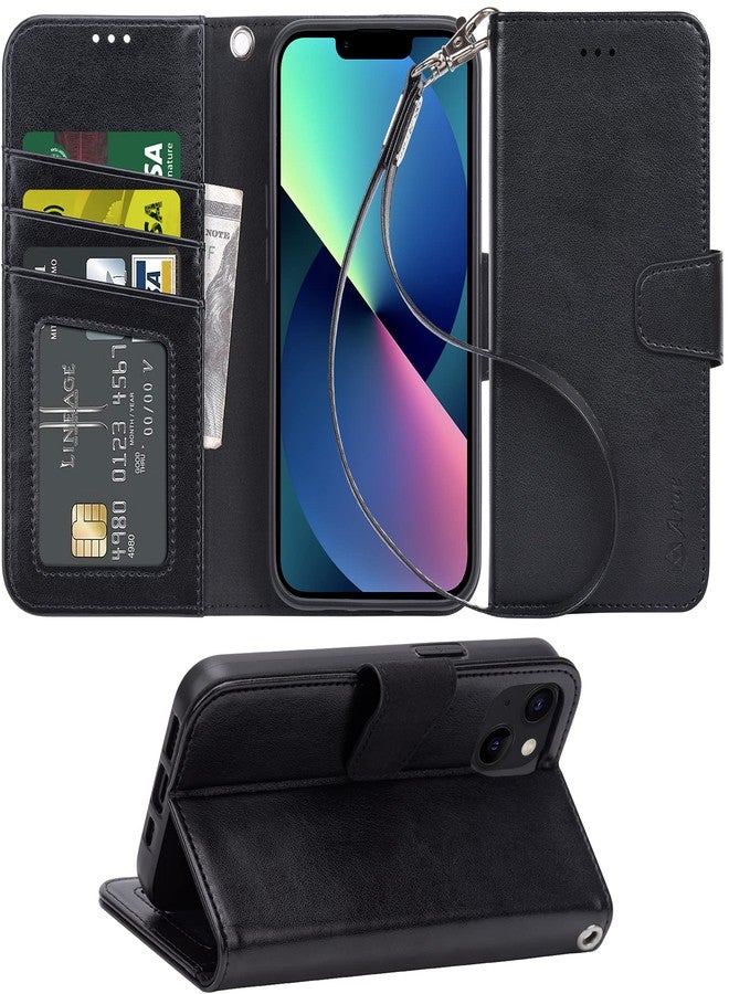 Arae Compatible with iPhone 13 Wallet Case with Card Holder and Wrist Strap for Women and Men Phone Case Flip Cover for iPhone 13 6.1 inch-Black - Image 1