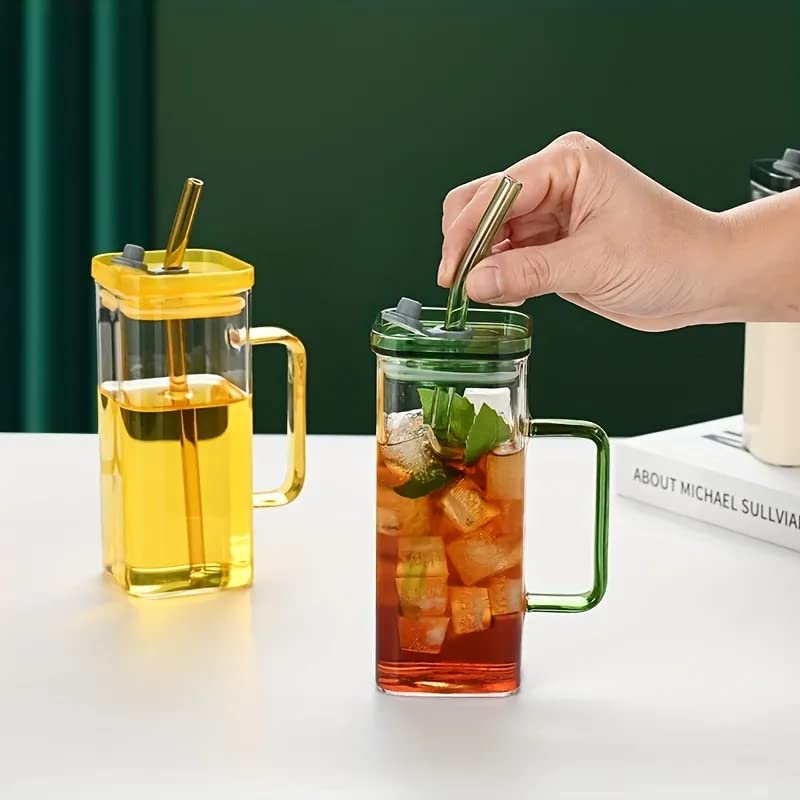 KAMVY Square Glass Cups with Lids and Glass Straws Iced Coffee Mugs with Colored Handle 400ml Drinking Glasses Wide Mouth Glass Tumbler for Home Office Summer Party Set of 1 - Image 4