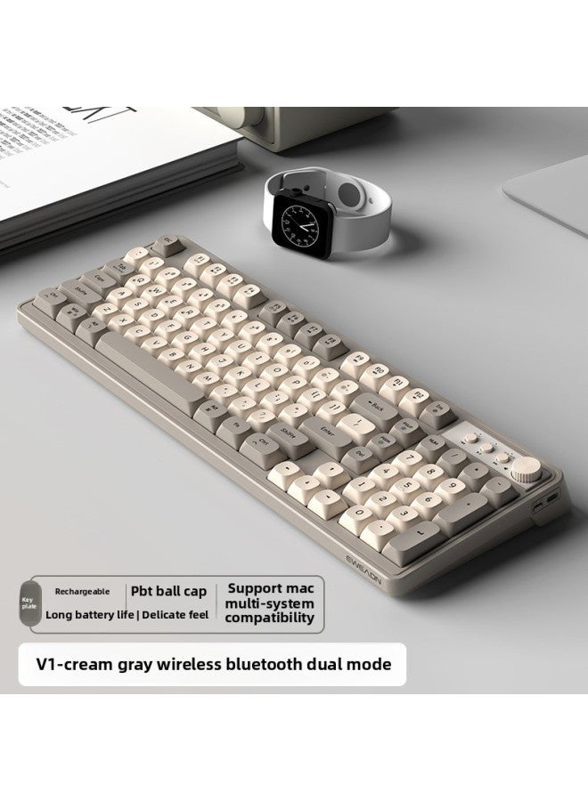 V1 Wireless Keyboard And Mouse Suit Mute Mechanical Feel Girls Computer Office Games Bluetooth Keyboard And Mouse-Color:Mechanical Feel-v1-cream Gray White Light 【bluetooth 5.0+2.4g Wireless】-official Standard - Image 1