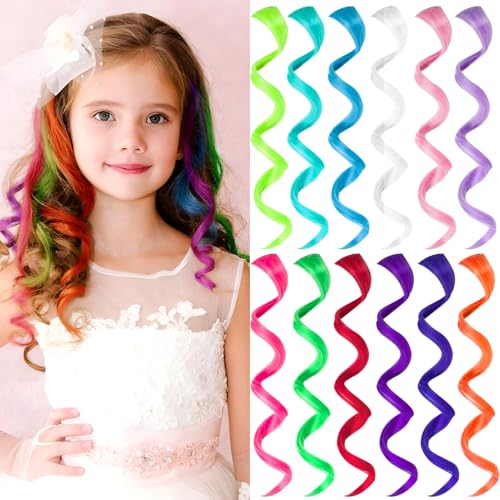 Olldag 12 PCS Colored Hair Extensions for Kids Curly Wavy Synthetic Hairpieces Clip in Rainbow Neon Party Highlights Colorful Hair Accessories for Girls Women 17 Inch Multicolor Set - Image 1