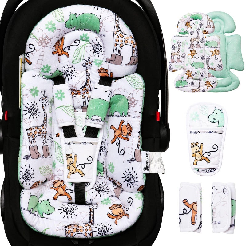 BOMOLOUR Infant Car Seat Insert, Enlarged Head Support For Baby Carseat, Reversible Newborn Insert With 3 Strap Covers, 2-in-1 Baby Car Seat Cushion for Stroller, Swing, Bouncer, Rocker - Blue Giraffe - Image 1