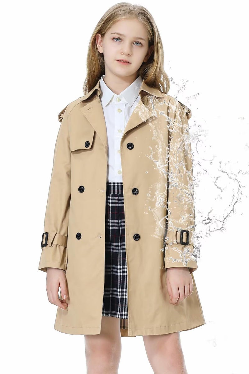 Betusline Girls Trench Coat Double Breasted Classic Lapel Belted Windproof Overcoat Outwear, 2#Khaki, 4-5T = Tag 120 - Image 1