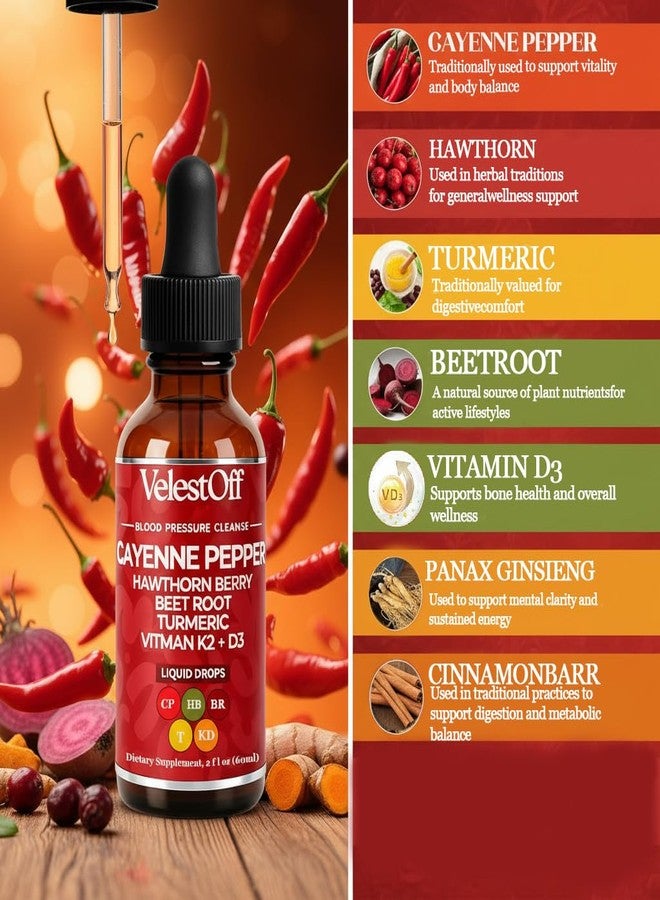 LANZF Velestoff Cayenne Pepper Drops Supplement Liquid, Onaise Cayenne Drops - Cayenne Pepper, Hawthorn Berry, Beet Root, Turmeric, Vitamin K2+d3, Immune Support, Energy Boost, 2 fl. oz. - Image 3