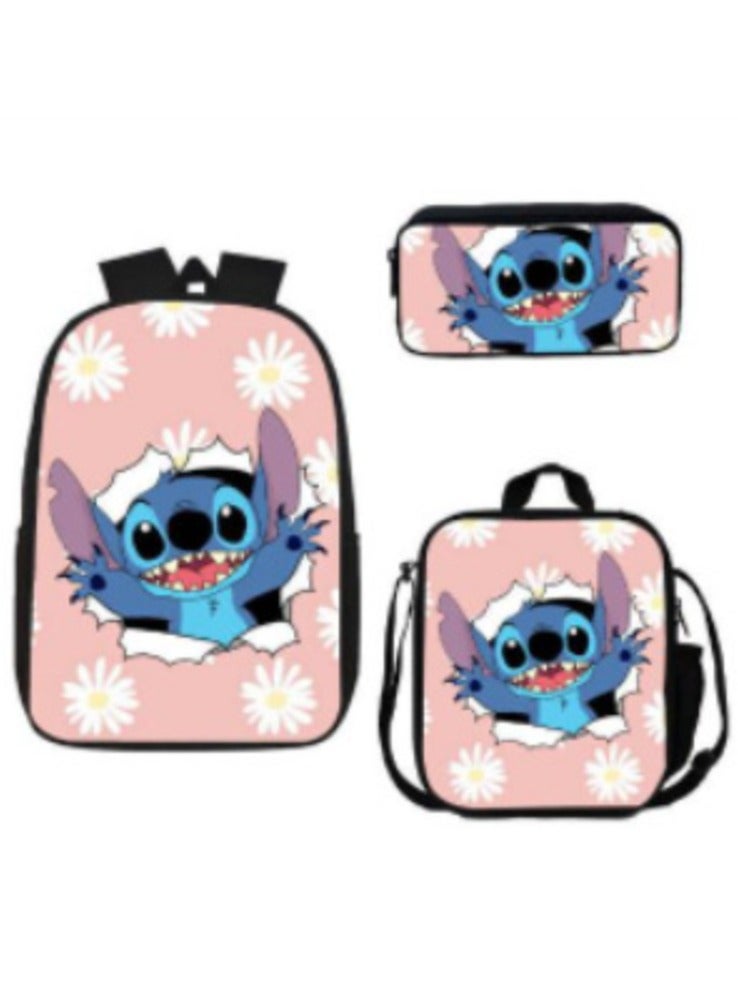حقيبة ظهر مدرسية مكونة من ثلاث قطع من Anime Stitch لطلاب المدارس الابتدائية والثانوية ذات سعة كبيرة