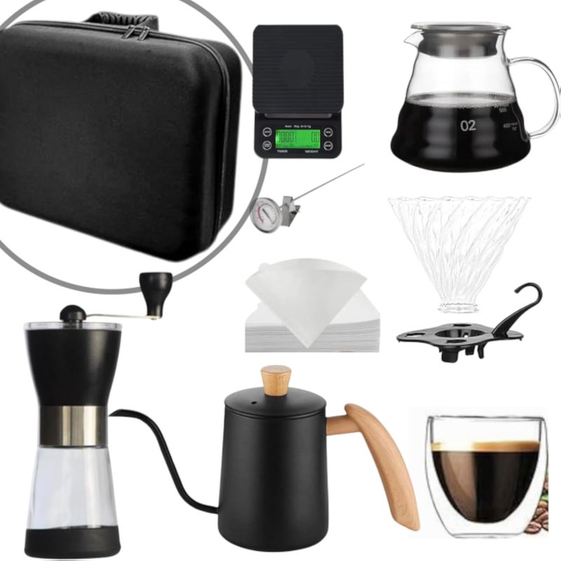 Doppio V60 Coffee Maker Set 9 Pcs, Portable Travel Kit With Airtight Cans, Automatic Scale With Timer, Pot With Thermometer