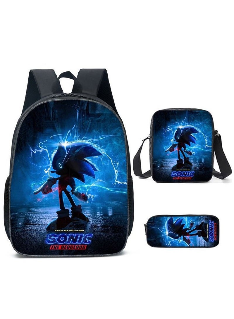 Sonic student large capacity backpack three piece set, anime cartoon backpack, shoulder bag pen bag