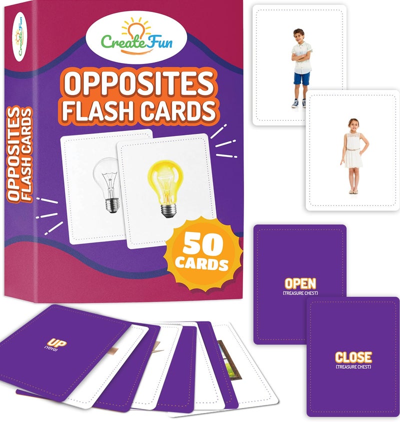 CreateFun Opposites Flash Cards for Kids & Adults â€“ 50 Realistic Matching Picture Cards for Speech Therapy, Dementia Activities, ESL, Autism Learning, Memory & Language Development, Classroom & Home Use - Image 1