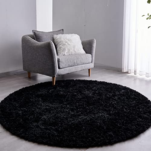 FJZFING Black Round Rug Ultra-Soft Plush Modern 7x7 Circle Area Rug for Kid's Bedroom, Fluffy Shag Circular Rug for Nursery Room, Non-Slip Home Decor Cute Black Carpet for Teen's Room - Image 1
