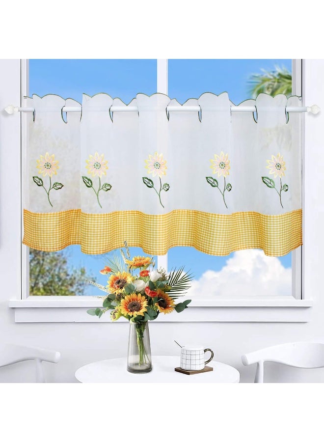 ZHH E-COMMERCE Valance for Window Short Curtains Sheer - Embroidery Sunflower, Rustic Retro Style, H 15 inch * W 57 inch  - Image 2