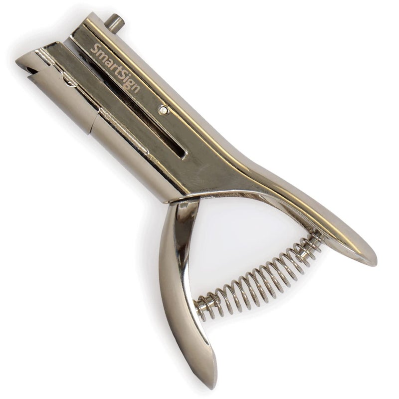 SmartSign Single Hole Heavy Duty Hand Held Hole Punch - 1/8 inch (3 mm) Hole Punch, 2 inch reach, for Id card, PVC Card, Badge, foil, 5" Tall, Silver - Image 1