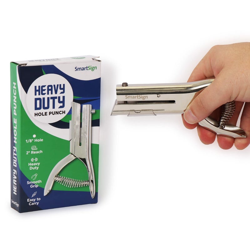 SmartSign Single Hole Heavy Duty Hand Held Hole Punch - 1/8 inch (3 mm) Hole Punch, 2 inch reach, for Id card, PVC Card, Badge, foil, 5" Tall, Silver - Image 4