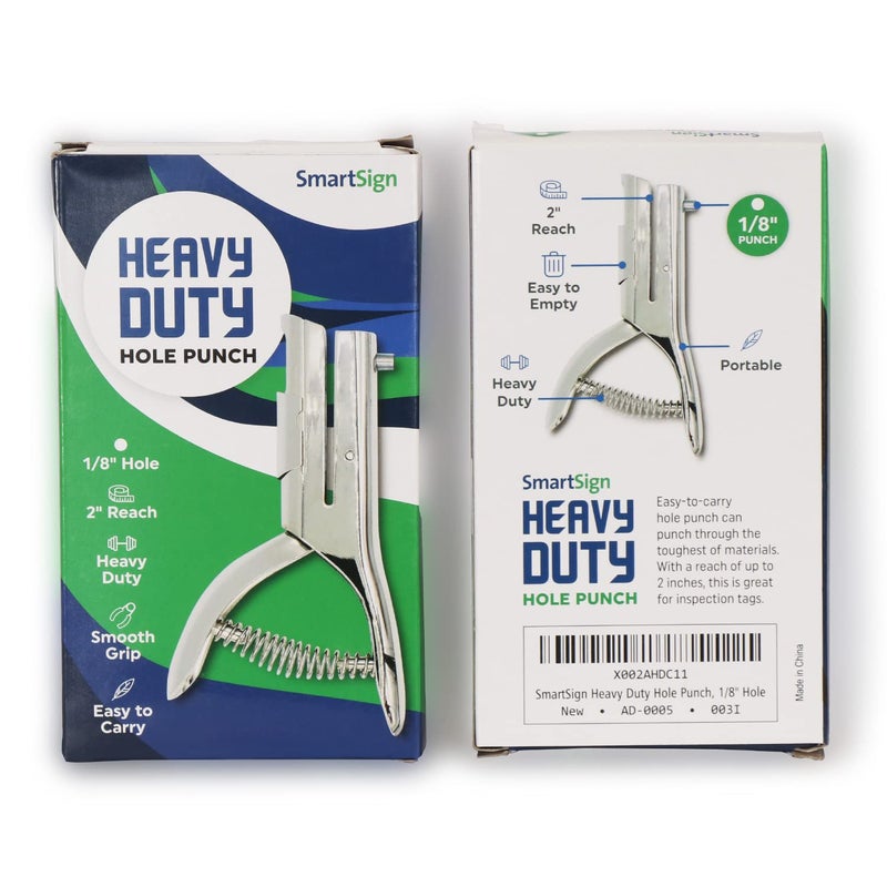 SmartSign Single Hole Heavy Duty Hand Held Hole Punch - 1/8 inch (3 mm) Hole Punch, 2 inch reach, for Id card, PVC Card, Badge, foil, 5" Tall, Silver - Image 3