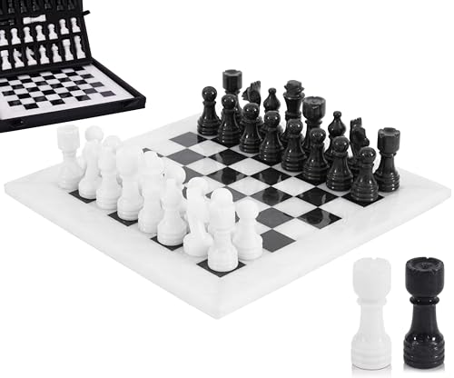 MARBLE RANGE Marble Chess Set for Adults 12 Handmade White Black Board Game with 32 Chess Pieces 2 Extra Queens Storage Box Luxury Travel Game Elegant for Home Decor - Image 1