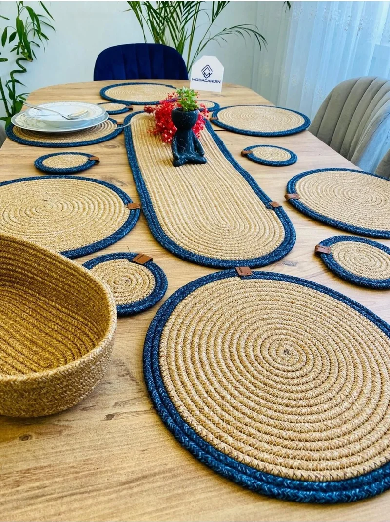 بدز ديري BDZ Leather Jute Wicker American Service Supla Runner Basket and Cup Holder 14 Pieces