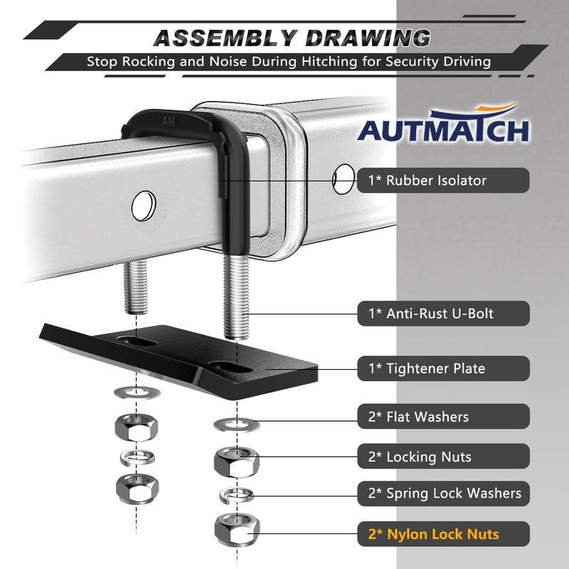 AUTMATCH Hitch Tightener Anti-Rattle Clamp, Heavy Duty Hitch Stabilizer for 1.25" and 2" Trailer Hitches, Rubber Isolator and Anti-Rust Double Coating Protective, Black - Image 3