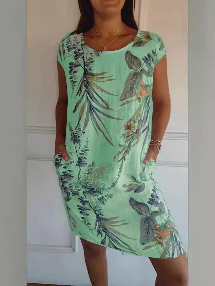 Women's Round Neck Loose Short Sleeve Printed A-Line Dress with Pockets - Image 3