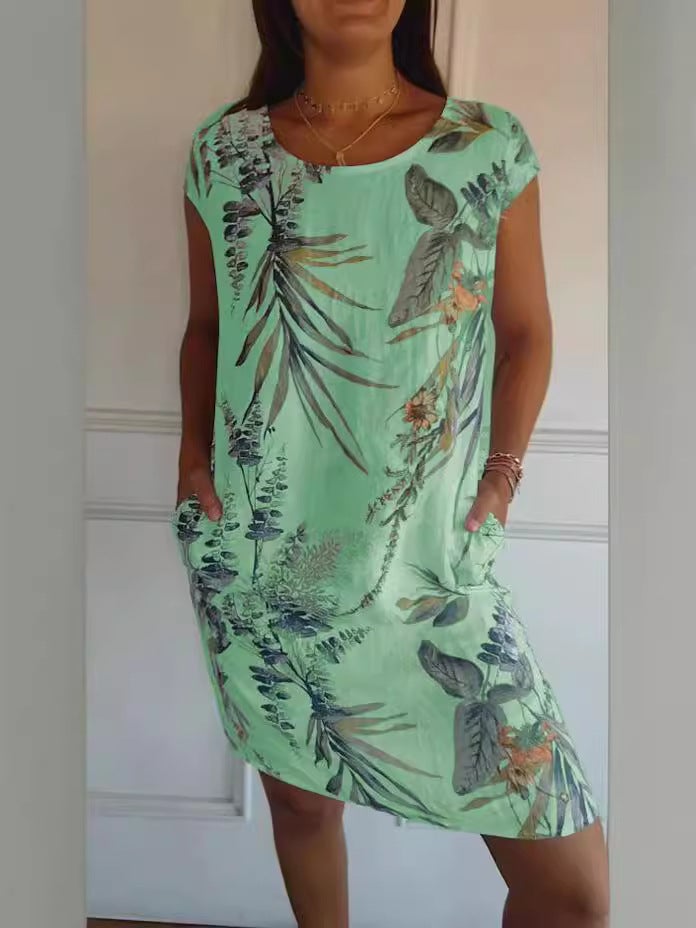 Women's Round Neck Loose Short Sleeve Printed A-Line Dress with Pockets - Image 1