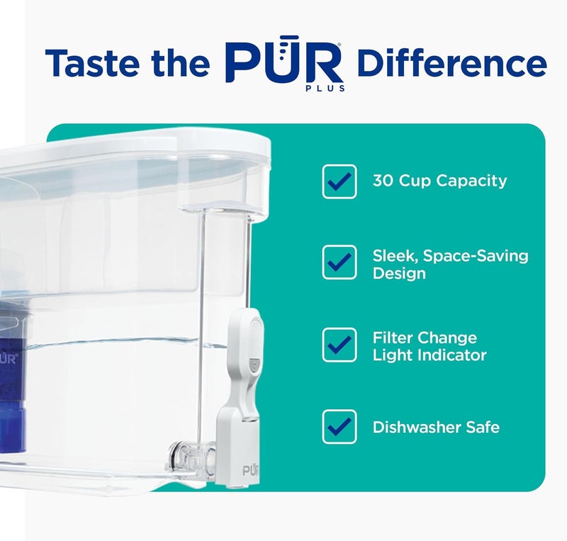 Pur PLUS 30-Cup Water Filter Dispenser with 1 Lead-Reducing PLUS Filter, Dishwasher Safe, Powerful Filtration, Large Capacity with Slim, Space-Saving Design, White (DS1811Z) - Image 2
