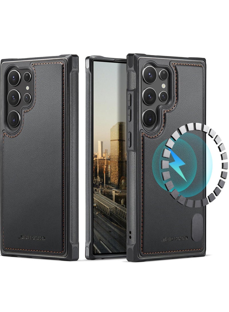JEEHOOD Phone Case cover Luxury PU Leather Back Cover Cover Magnetic Wireless Charging Compatible with  Samsung Galaxy S24 Ultra ( Black )