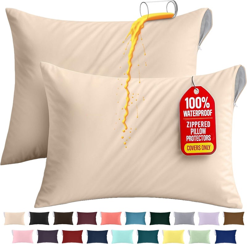 Utopia Bedding Waterproof Pillow Protector Zippered (2 Pack) Queen Beige – Bed Bug Proof Pillow Encasement 20 x 28 Inches - Image 1